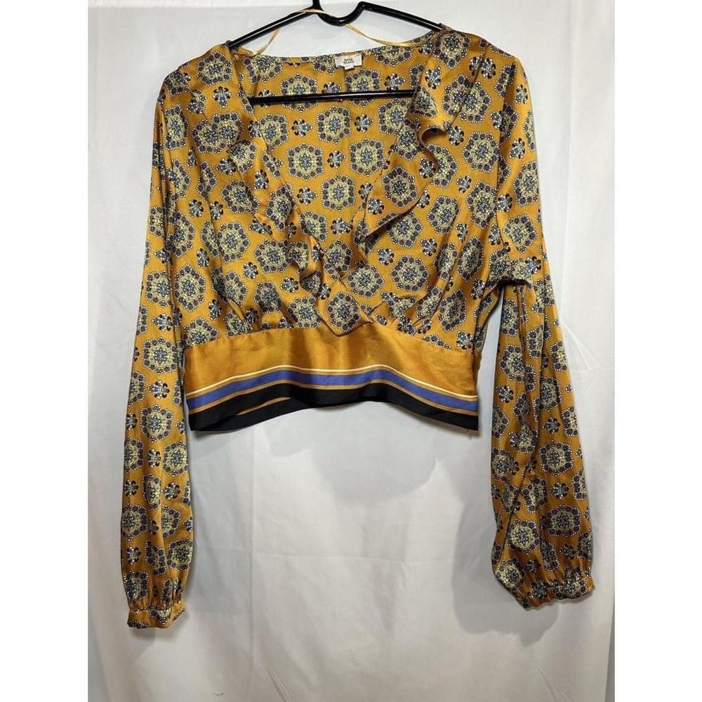 River Island Cropped V Neck Blouse Long Sleeves Size UK 14 EUR 40 Mustard Zipper
